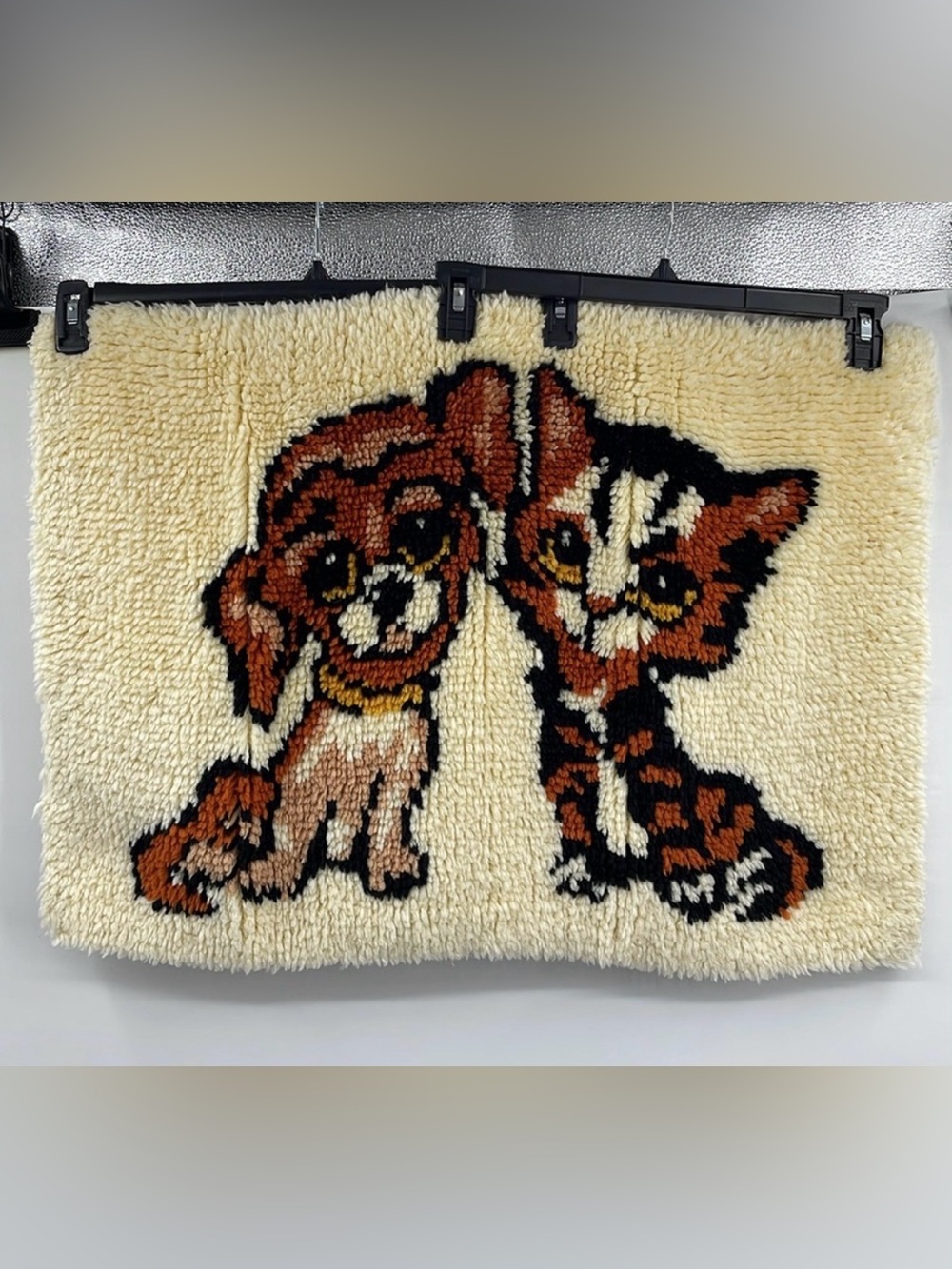 Vintage 70’s big eyes Dog Cat Latch Hook Rug Tapestry Wall Hanging Boho Kitsch